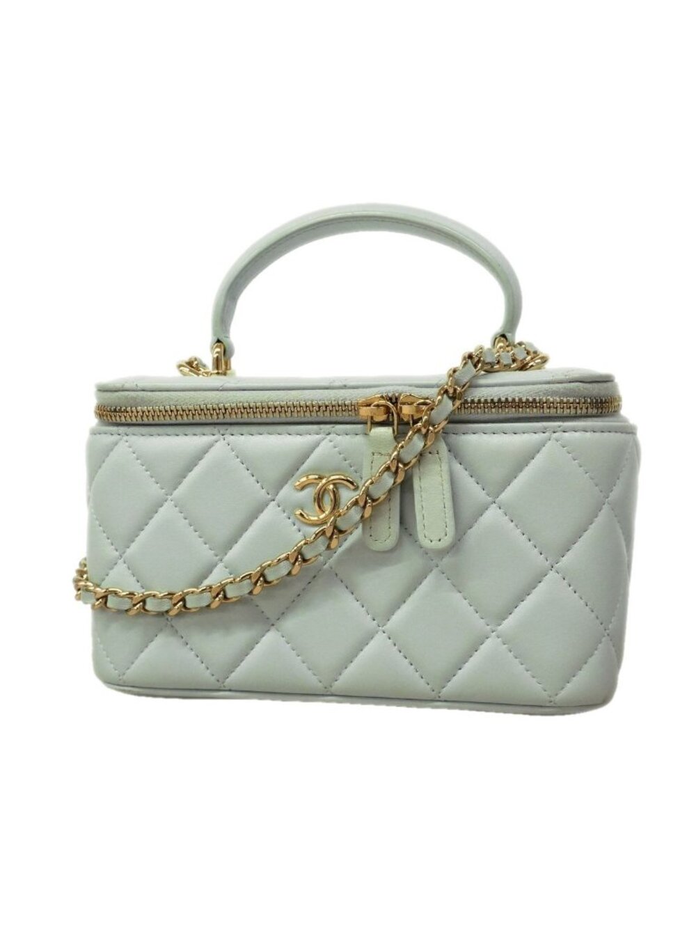 Chanel Vanity Bag Quilted Lambskin Sky Blue Champagne Gold 2-Way Bag